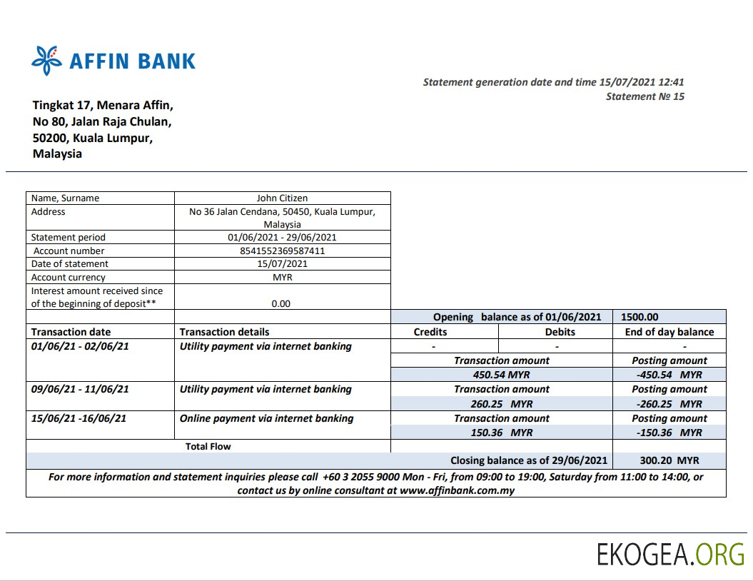 Déclaration de la Malaysia Affin Bank